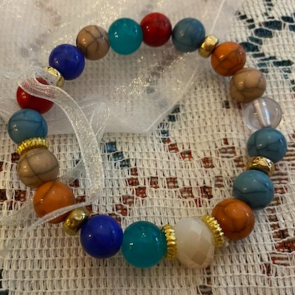 Set of 3 WOOD & GLASS BEAD ~ GOLD Spacers STRETCH BRACELETS * BRIGHT COLORS - Picture 4 of 5
